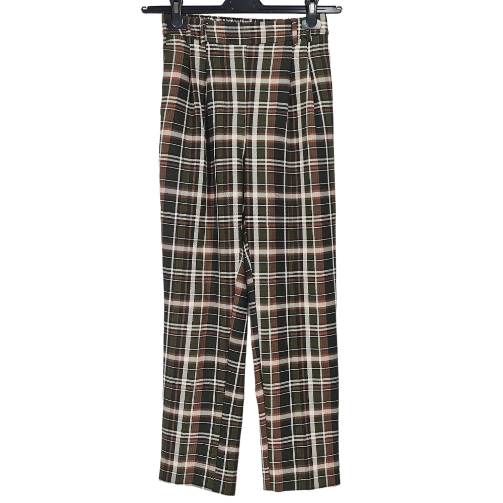 Primark Green Brown Check Casual Trousers UK 6 Elastic Waist Pockets - Picture 1 of 4